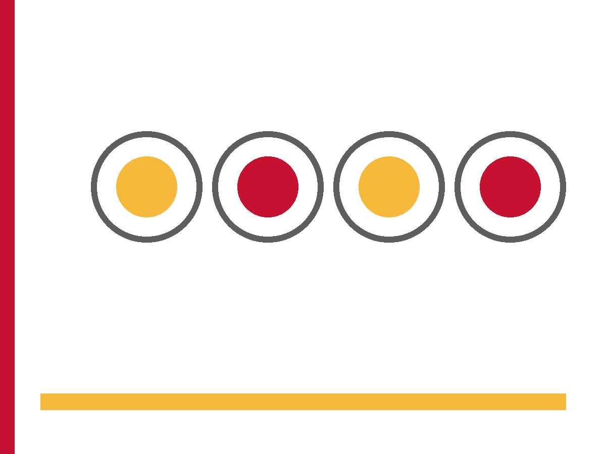 Four outlined circles in a row, filled with gold or crimson, above a gold baseline