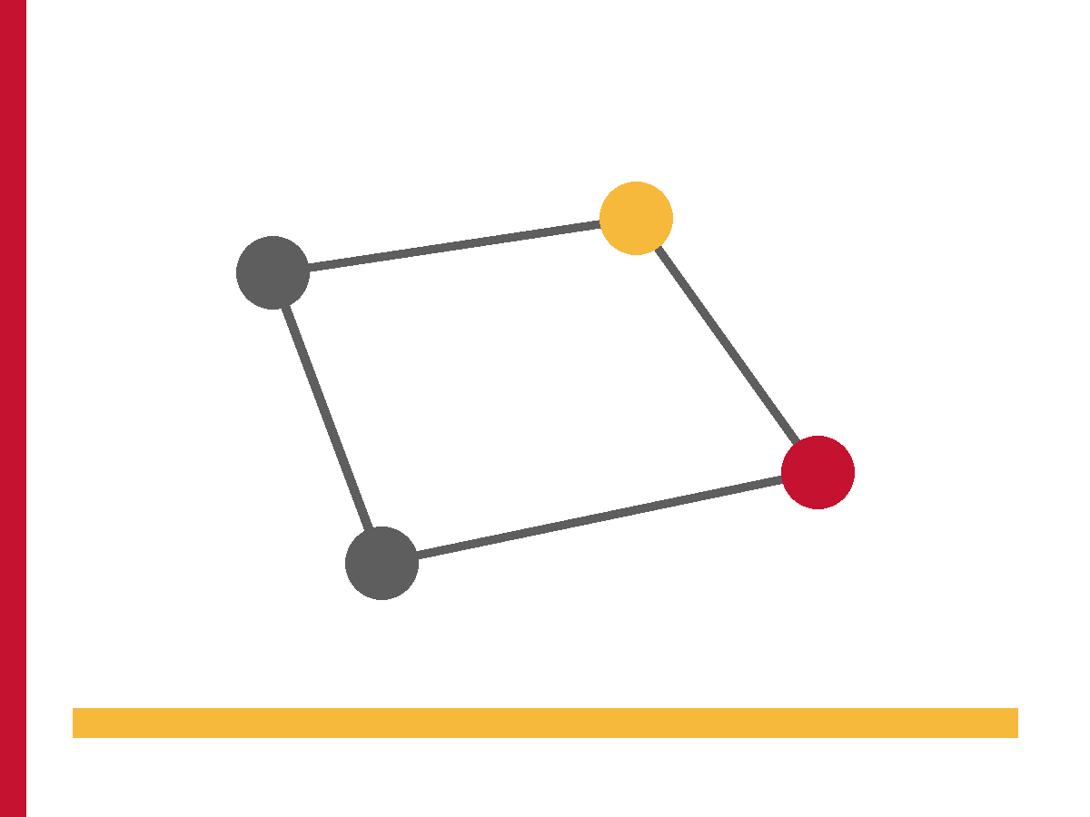 Four connected circles in charcoal, gold, and crimson