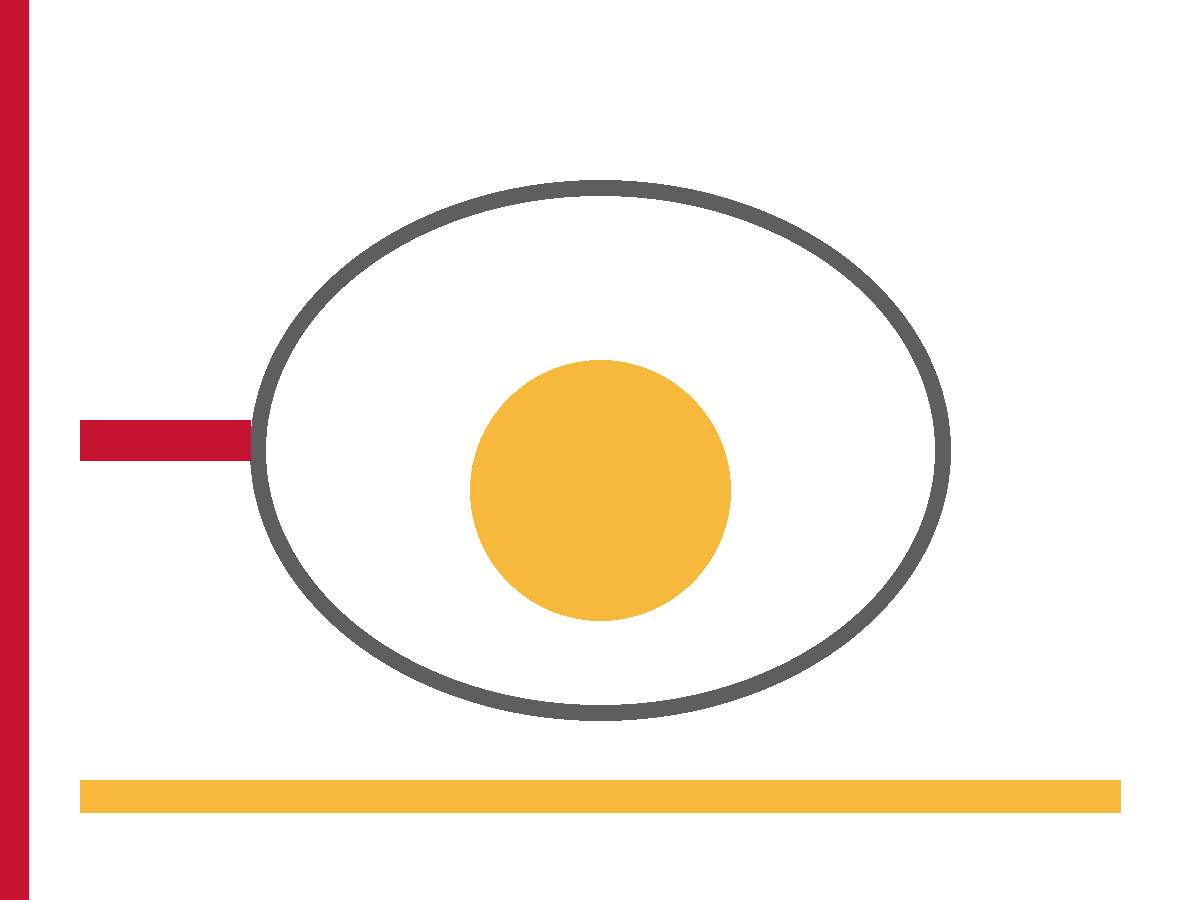 A charcoal ring around a gold circle, with a short crimson bar to the left