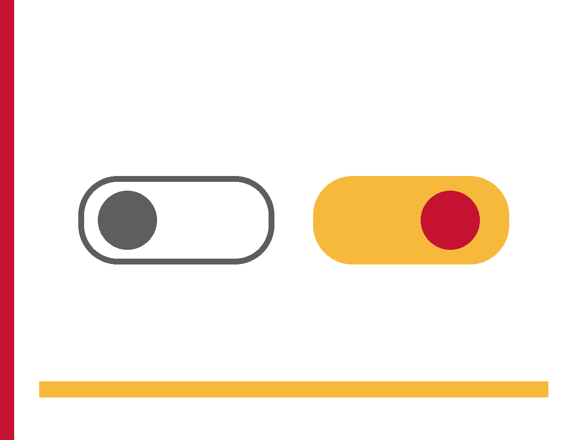 Two pill-shaped switches, one charcoal with the knob on the left and one gold with a crimson knob on the right