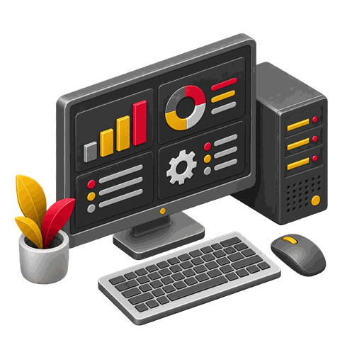 Desktop with charts and a tower for managed IT